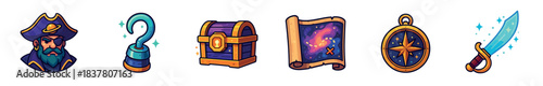 Six vibrant cartoon pirate themed icons including a captain, hook, chest, map, compass, and sword, rendered with a playful, adventurous, and cosmic aesthetic