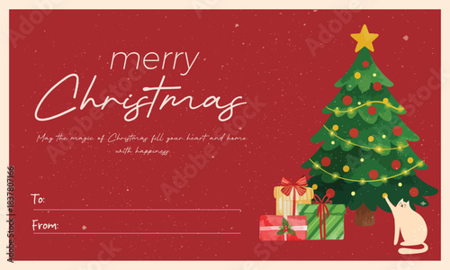 Merry Christmas Greeting Card with Tree Gifts and Cute Bunny Illustration