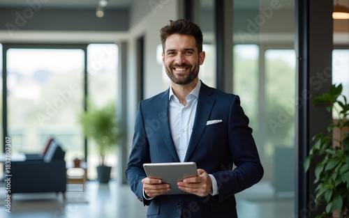 portrait of professional businessman standing in office. Happy middle aged businessman ceo wearing suit standing in office using digital tablet. High quality