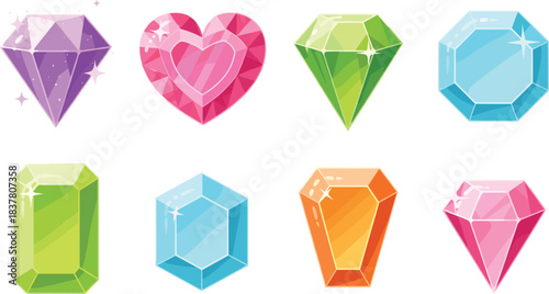 Retro Pixel Art Video Game Assets Collection with Sparkling Colorful Precious Gemstones, Diamonds, Crystals, and Hearts for Mobile Gaming, UI/UX Design, and Digital Fantasy World Treasure Items.