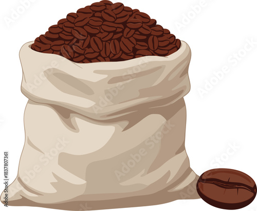 Rustic burlap sack overflowing with rich, dark roasted coffee beans, showcasing fresh, aromatic flavor and the essential ingredient for an energizing morning beverage,