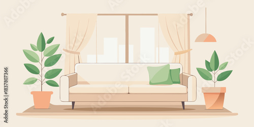 A cozy living room scene with a sofa, plants, and a window providing natural light indoors
