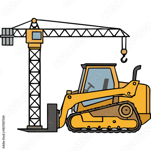 Yellow Construction Crane and Bulldozer With Tracks on Black Background Industrial Equipment For Building Site Heavy Machinery In Motion Power Tool For Heavy Lifting And Moving Materials