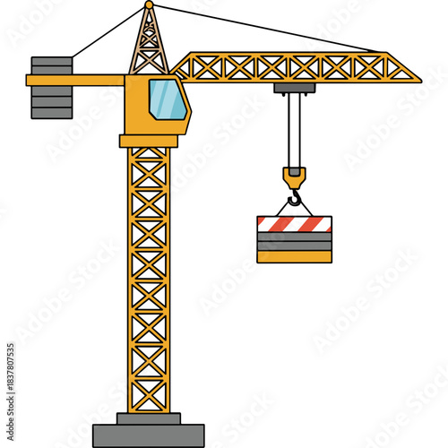Yellow Construction Crane with Load in Motion Featuring a Tall Metallic Structure and Open Cab Against a Stark Black Background