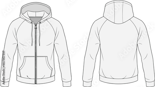 Zip-Up Hooded Jacket Raglan Sleeves Flat Technical Sketch Front and Back View Fashion Apparel Garment Template Vector Illustration Design Specification Mockup