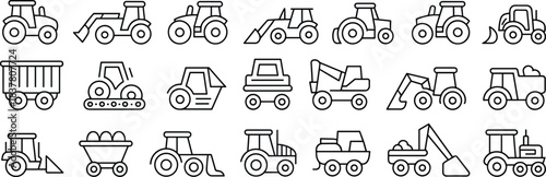 Construction vehicle icons, agricultural machinery set, black line graphics, editable, isolated, tractor, excavator, bulldozer, loader, dump truck, heavy