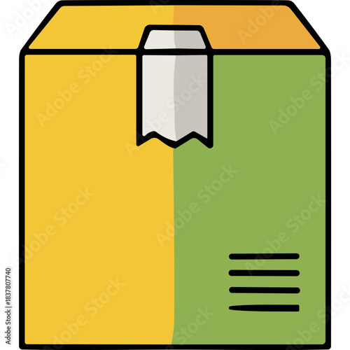 Yellow And Green Cardboard Box With White Tape Sealing And Horizontal Lines Detail On The Right Side Isolated On Black Background Minimalist Flat Icon Design