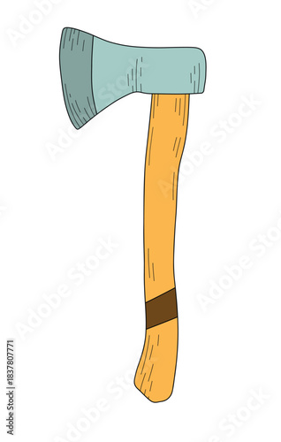 Wooden axe isolated on white background. Builder construction metal ax with handle made of wood. Minimal outline style for carpentry, woodworking, repair service, masculine print designs, icons, poste