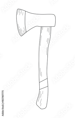 Wooden axe isolated on white background. Builder construction metal ax with handle made of wood. Minimal outline style for carpentry, woodworking, repair service, masculine print designs, icons, poste