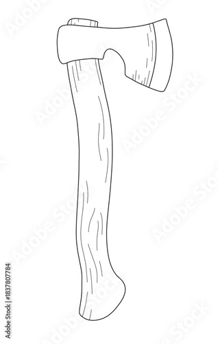 Wooden axe isolated on white background. Builder construction metal ax with handle made of wood. Minimal outline style for carpentry, woodworking, repair service, masculine print designs, icons, poste