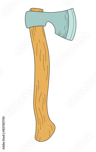 Wooden axe isolated on white background. Builder construction metal ax with handle made of wood. Minimal outline style for carpentry, woodworking, repair service, masculine print designs, icons, poste