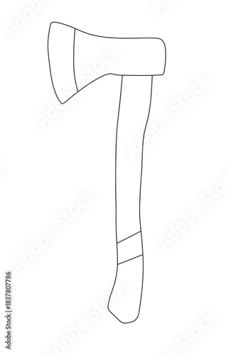 Wooden axe isolated on white background. Builder construction metal ax with handle made of wood. Minimal outline style for carpentry, woodworking, repair service, masculine print designs, icons, poste