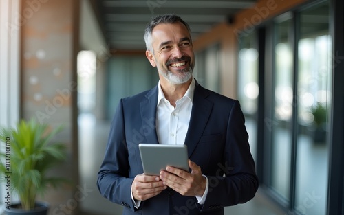 happy middle aged business man ceo wearing suit standing in office using digital tablet smiling mature businessman professional executive manager looking away thinking working .stock photo