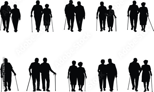 Elderly couple silhouettes, walking together icons, black vector set, editable, isolated, aging, support, love, companionship, mobility, care
