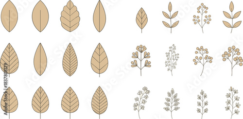 Minimalist vector collection of twenty-four outlined botanical elements, featuring various simple leaves, sprigs, and berries in a natural beige color palette, perfect for modern logo and wedding desi