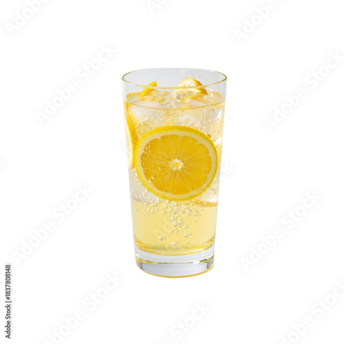 Cold yuzu soda drink with ice in a clear glass, isolated on white
