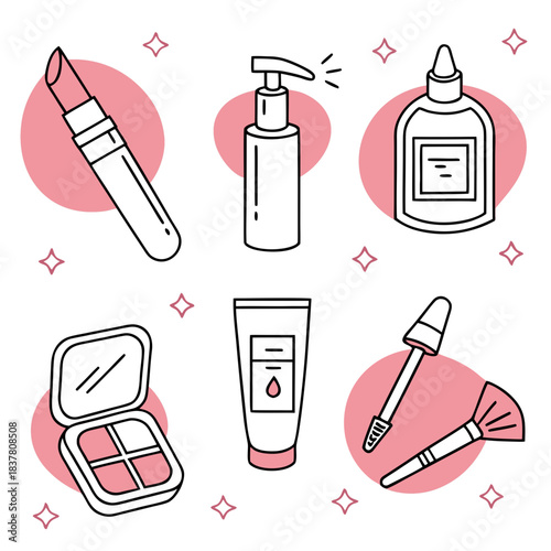 Essential Beauty Toolkit: An illustrative display of cosmetic essentials, including lipstick, lotion dispenser, bottle, eyeshadow compact, cream tube, dropper, and makeup brush.