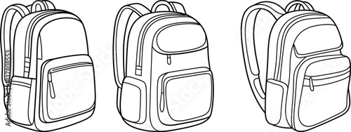 Backpack design sketch set, front view, editable, isolated, zipper detail, compartment variation, fashion flat, gear, travel, utility