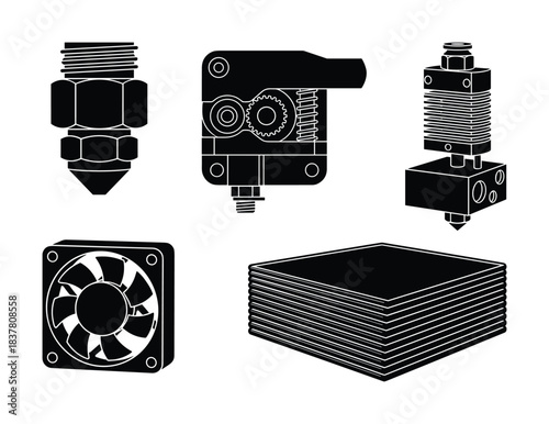 3d printer parts collection nozzle extruder fan and materials additive manufacturing technology vector illustration.