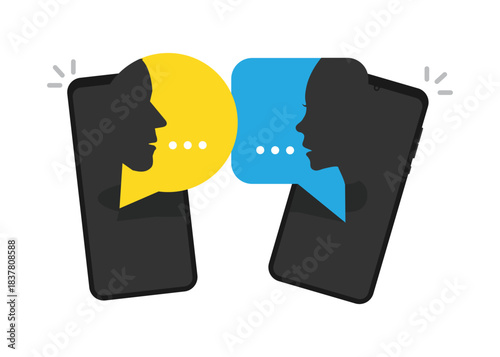 Silhouette of man and woman heads with speech bubbles on a cell phone, stock illustration.