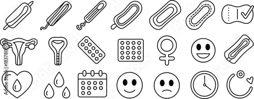 Menstruation icons, feminine hygiene set, reproductive health vector, editable, isolated, pad, tampon, uterus, cycle, mood, calendar, care