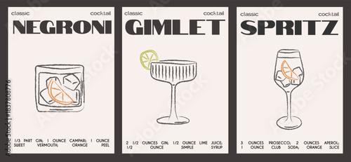 Retro whimsical cocktail recipe cards for Negroni, Gimlet, and Spritz in modern doodle style. Hand drawn classic drink vector illustrations. Bar decor, kitchen wall art, creative menu design.