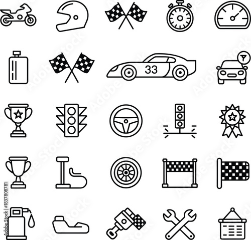 Motorsports icons, racing vector set, black line graphics, editable, isolated, helmet, trophy, car, speed, fuel, simulator, gear