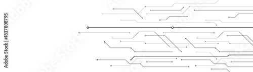 Abstract microelectronics circuit board. Horizontal lines and dots. Technology flow. Clean white background.