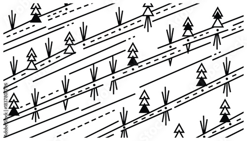 Abstract pattern of diagonal lines, trees, arrows. Routes, elevation, and terrain representation on map background.