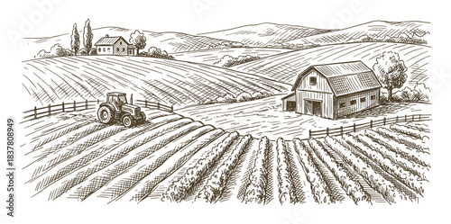 Agricultural landscape sketch; tractor working fields; farm building barn; rural hills; trees; harvest scene.