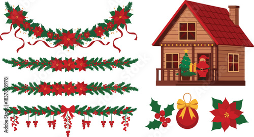 Comprehensive holiday vector set featuring four festive poinsettia and ribbon garlands, a cozy wooden cabin with Santa, a hanging ornament, and isolated holly and poinsettia elements for Christmas des