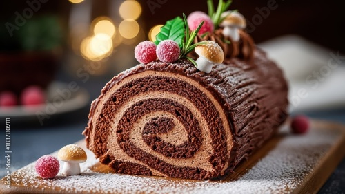 Traditional yule log cake, or buche de Noel, with chocolate cream and festive decoration. Christmas holiday dessert recipe.