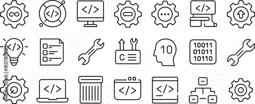 Software development icons, coding vector set, programming clipart, editable, isolated, gear, monitor, binary, flowchart, debug, system, tech
