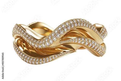 Elegant gold ring with intricate woven design isolated on transparent background. Golden ring features a unique twisted design embellished with sparkling diamond accents isolated on white background.