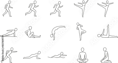 Fitness exercise line icons set, yoga poses, running, stretching, workout training, flexibility, healthy lifestyle for gym, app, infographic design templates