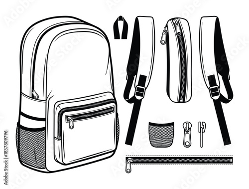 Backpack drawing, school bag, separate parts of accessories, zipper, pockets, casual style, vector