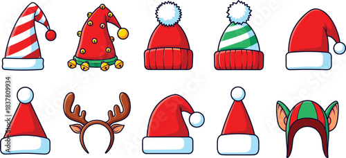 Fun cartoon vector collection of ten different Christmas and holiday hats, including striped Santa caps, elf ears, reindeer antlers, and various knitted pom-pom styles, perfect for seasonal stickers a