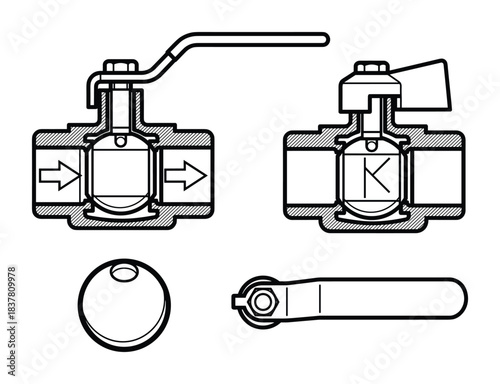 Ball valve cross-section. Open and closed positions. Fluid flow control. Plumbing components. Industrial valve.