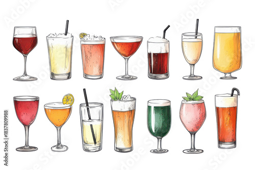 Assortment of colorful cocktails and drinks isolated on transparent background. Various drinks cocktails and beer isolated on white background.