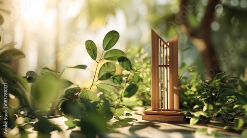 Wooden product stand surrounded by green leaves, bathed in soft sunlight, natural and eco-friendly aesthetic, perfect for product photography, lifestyle, organic, and sustainable concepts.
