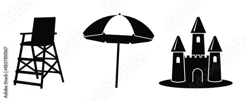 Beach lifeguard chair, open umbrella, and sandcastle for summer vacation design elements