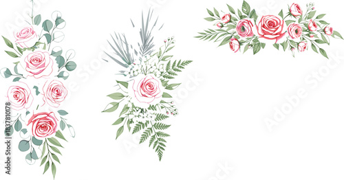 Delicate vector collection featuring three watercolor-style arrangements of blush pink roses, silver eucalyptus leaves, and ferns, perfect for romantic wedding invites, feminine logos, and stationery 