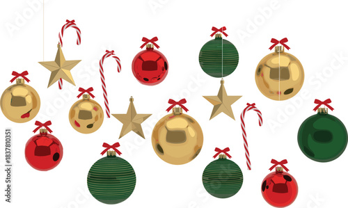 Festive vector scatter collection of shiny Christmas ornaments in red, gold, and green with decorative stripes, mixed with candy canes and golden stars, perfect for holiday backgrounds and borders.