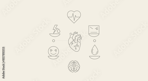 Conceptual illustration of human emotions, health, and the mind connected to the heart, perfect for medical, wellness, and mental health content