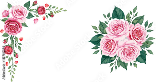 Elegant vector set of delicate pink watercolor roses featuring a lush floral corner frame with scattered petals and a beautiful central bouquet, perfect for romantic wedding invitations and feminine b