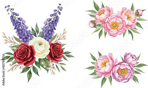 Classic watercolor vector set featuring a lush bouquet of purple delphinium, deep red roses, and white ranunculus, alongside two soft pink peony arrangements, perfect for wedding and invitation design
