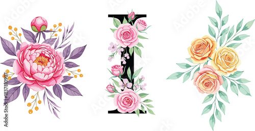 Beautiful watercolor vector collection featuring a pink peony bouquet, a black floral monogram letter 'I' with pink roses, and a peach/yellow corner bouquet, ideal for personalized designs and logos