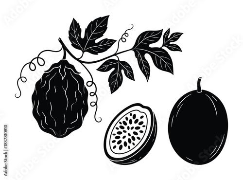 Black passion fruit and maracuja isolated, fresh tropical fruit, sweet ripe dessert, healthy organic food