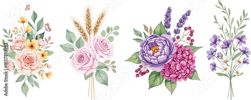 Diverse vector collection of four handpainted watercolor bouquets featuring pink roses, purple peony and lavender, yellow accent flowers, and an elegant arrangement mixed with golden wheat stalks for 