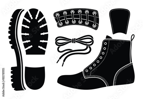 Boot components with sole and laces. Eyelets, tongue, and shoe. Footwear fashion in monochrome design.